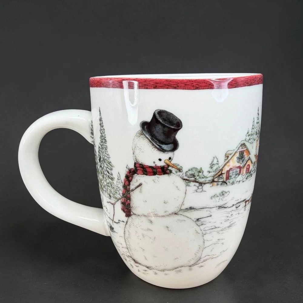 Williams Sonoma Snowman Christmas Coffee Mug Cup Winter Village Scene‎ 13OZ
